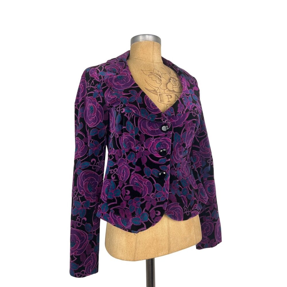 NANETTE LEPORE Womens Purple Sheer Embroidered Floral Balloon Sleeve Mock Neck Top